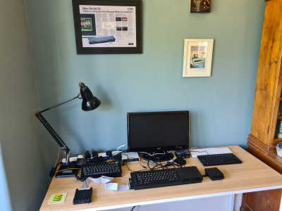 My retro computing desk currently with QL, N-Go in keyboard case, Q68, and Colour Maximite 2.